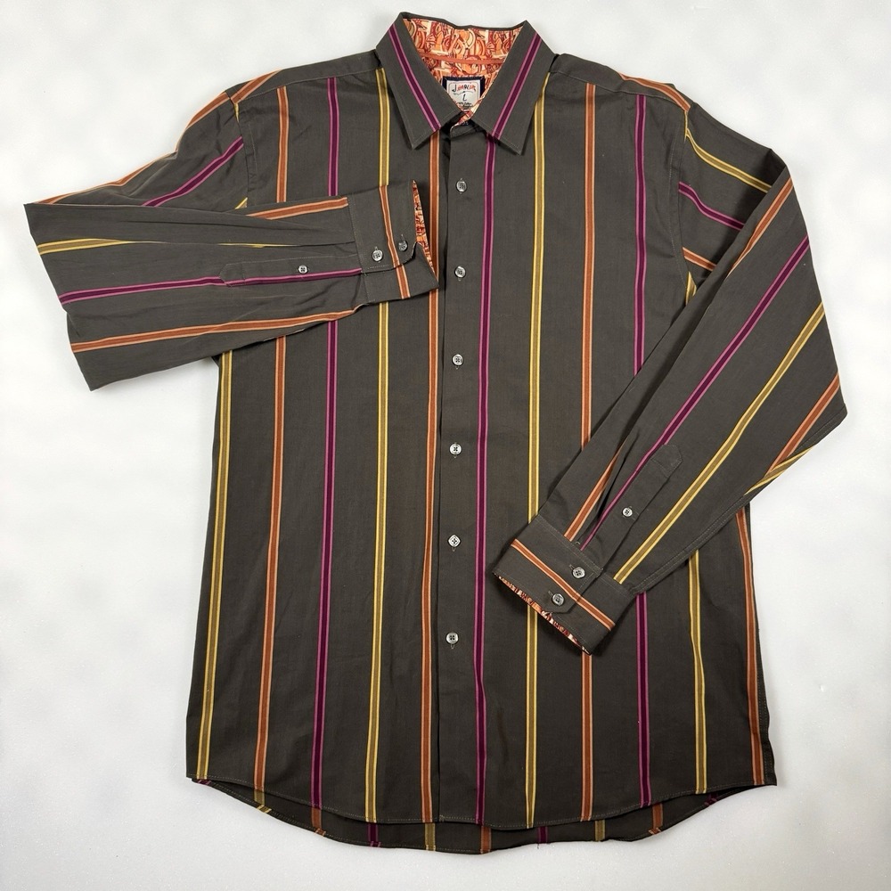 J Garcia Men Size Large Long Sleeve Button Up Shirt 100 Cotton Olive Gray Stripe